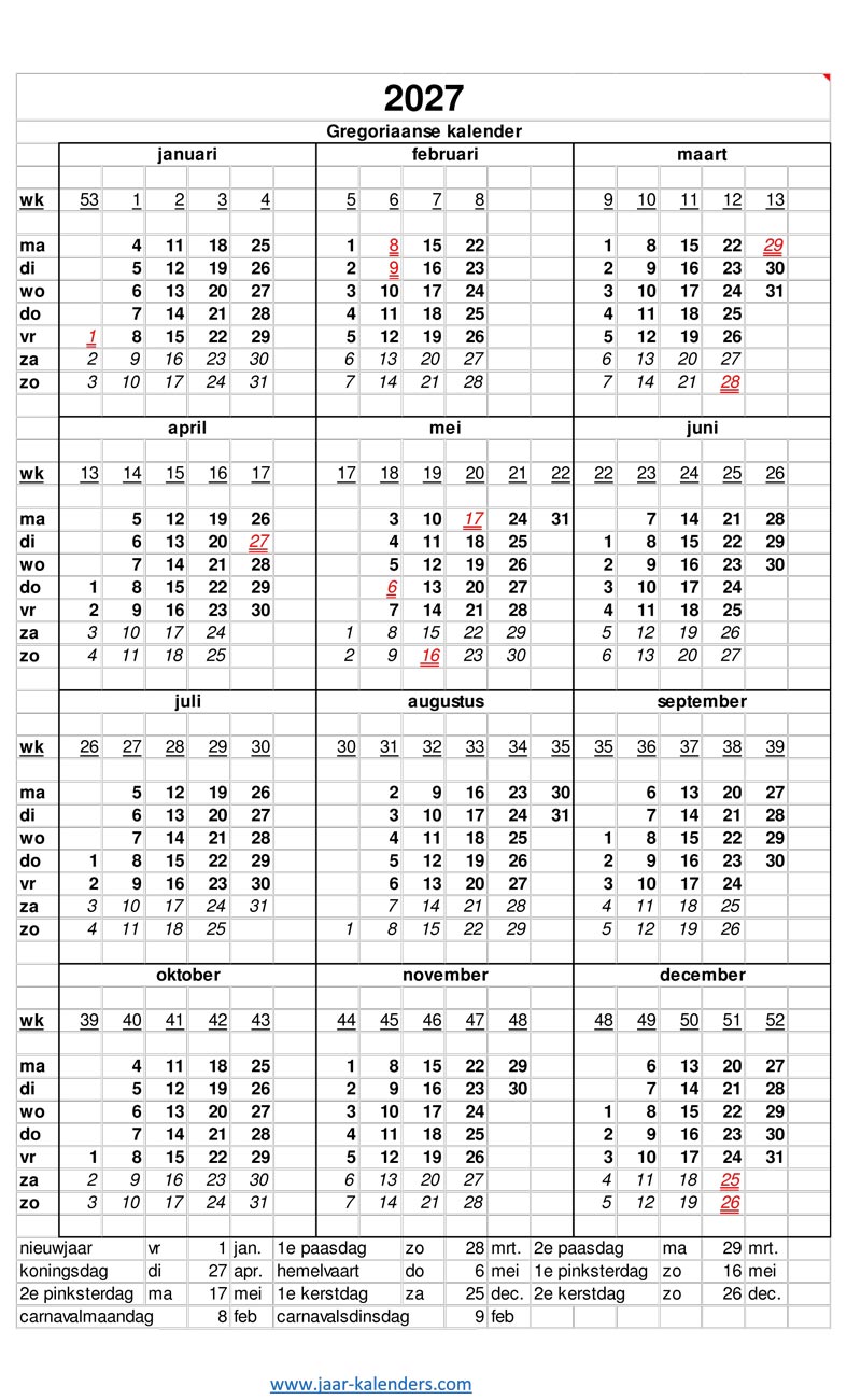 2027 Kalender Jaarkalender Met Weeknummers En Maanden Feestdagen 2027 Kalender Jaarkalender Met Weeknummers En Maanden Feestdagen