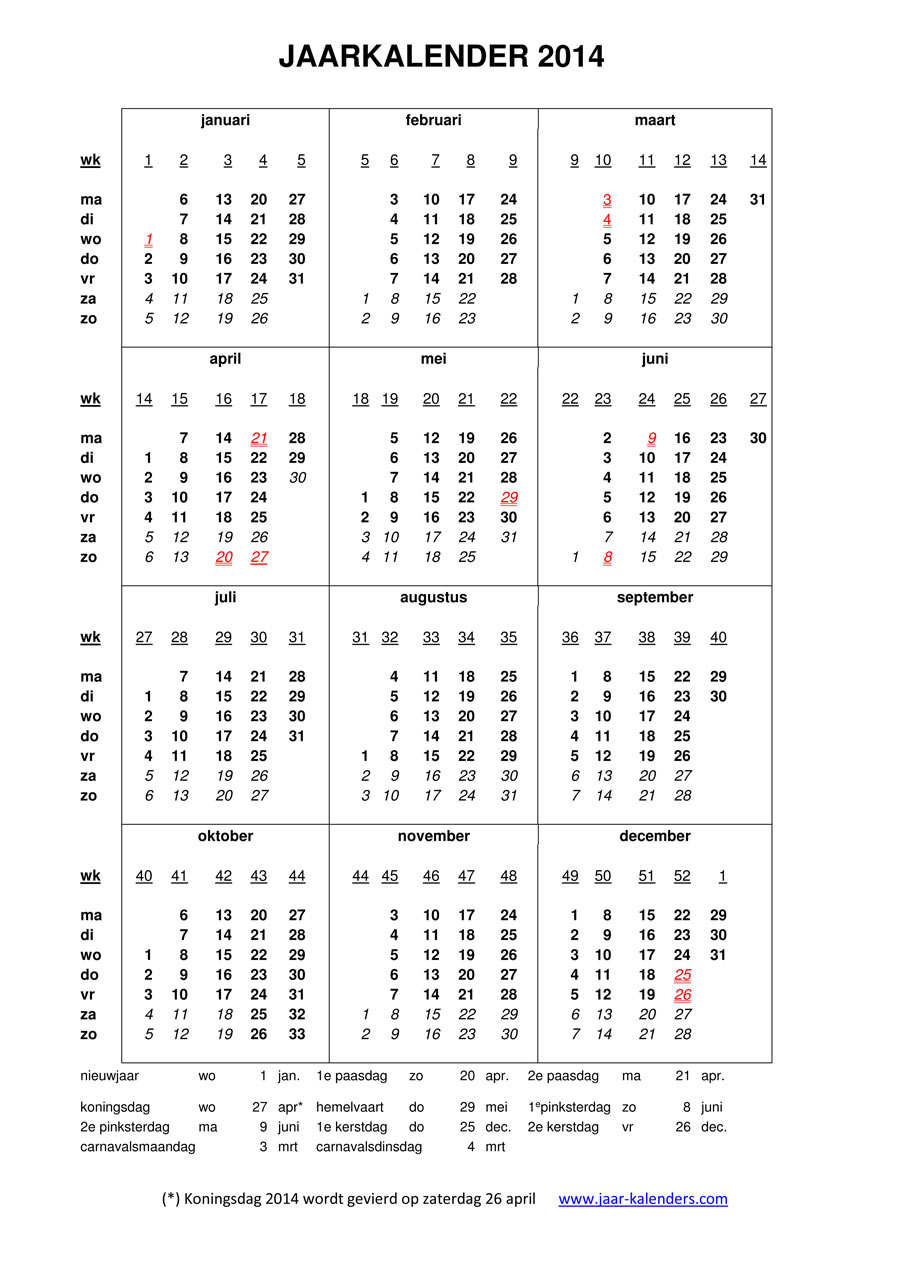 rijst Impressionisme Bowling 2014 kalender jaarkalender met weeknummers en maanden feestdagen koningsdag  uitprinten word pdf schrikkeljaar