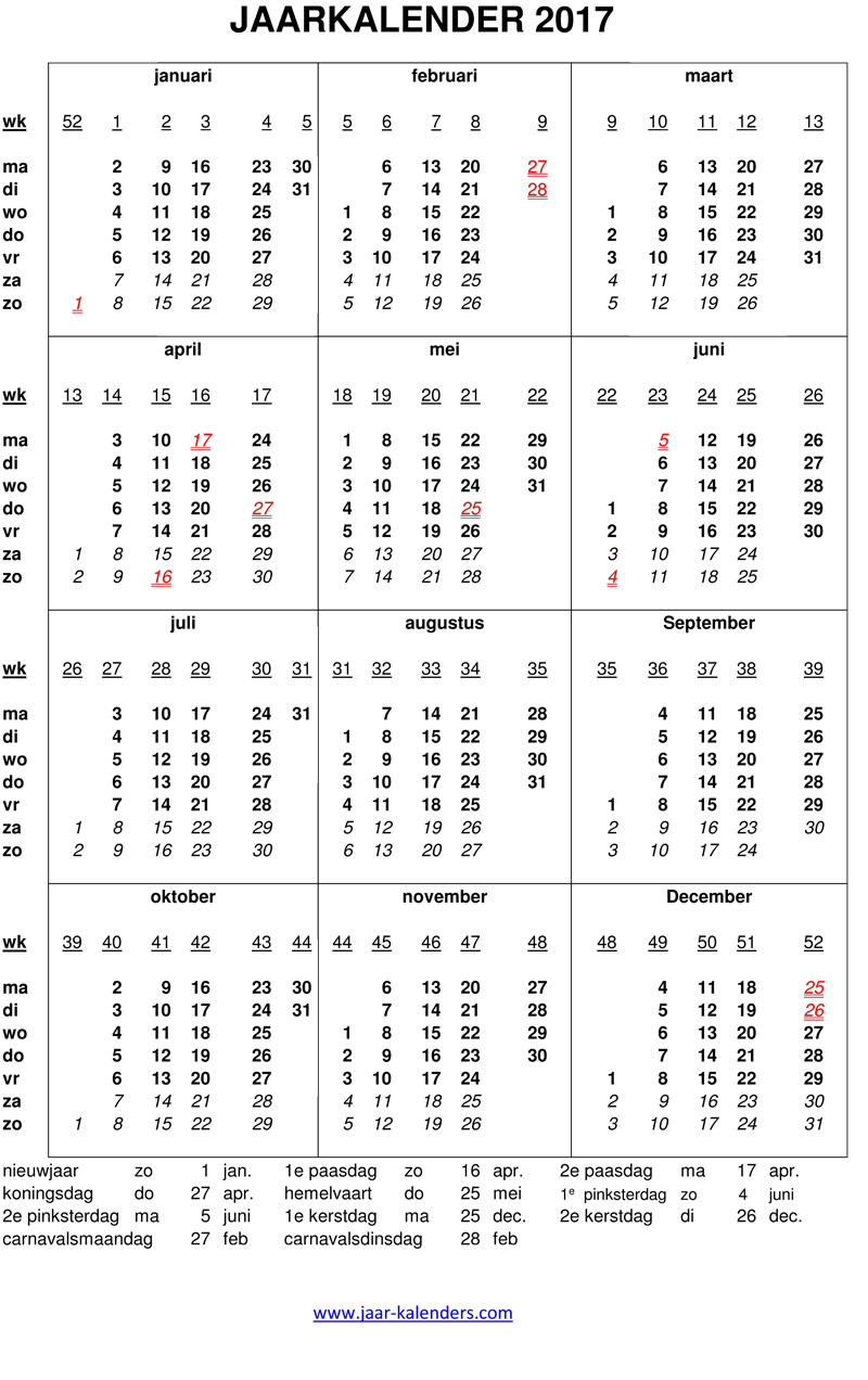 Stadion Bedankt Migratie 2017 kalender jaarkalender met weeknummers en maanden feestdagen koningsdag  uitprinten word pdf schrikkeljaar