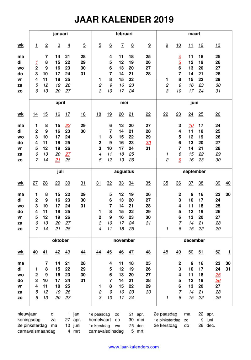Temmen voorbeeld Milieuvriendelijk kalender 2019 jaarkalender uitprinten word pdf met weeknummers maanden  feestdagen koningsdag