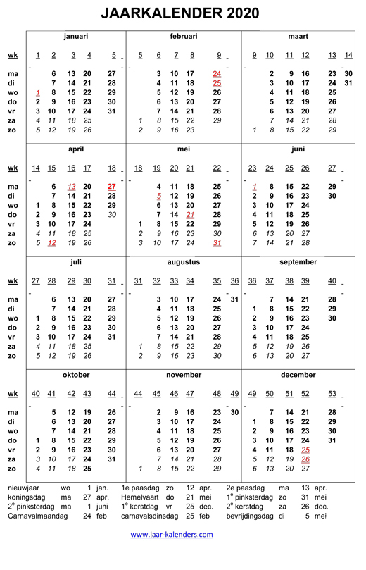 munt venijn Nodig uit 2020 kalender jaarkalender met weeknummers en maanden feestdagen koningsdag  uitprinten word pdf schrikkeljaar